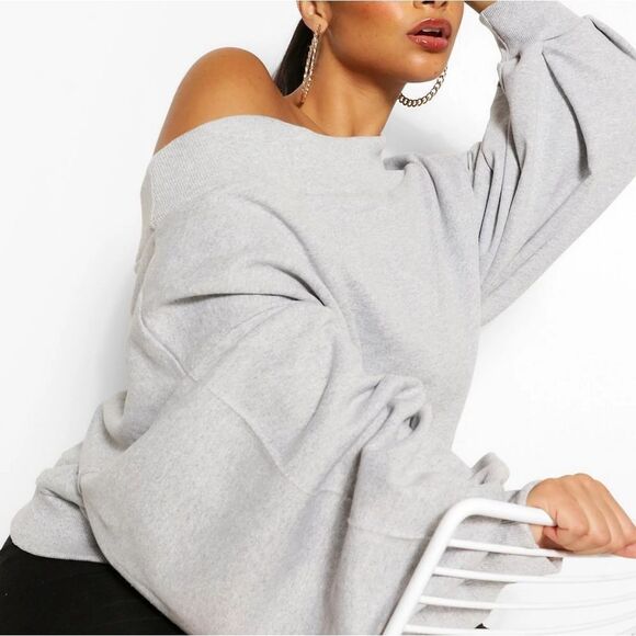 Boohoo Plus Slash Neck Balloon Sleeve Sweatshirt/jumper Size‎ 14 in Grey Nwt - Picture 2 of 7